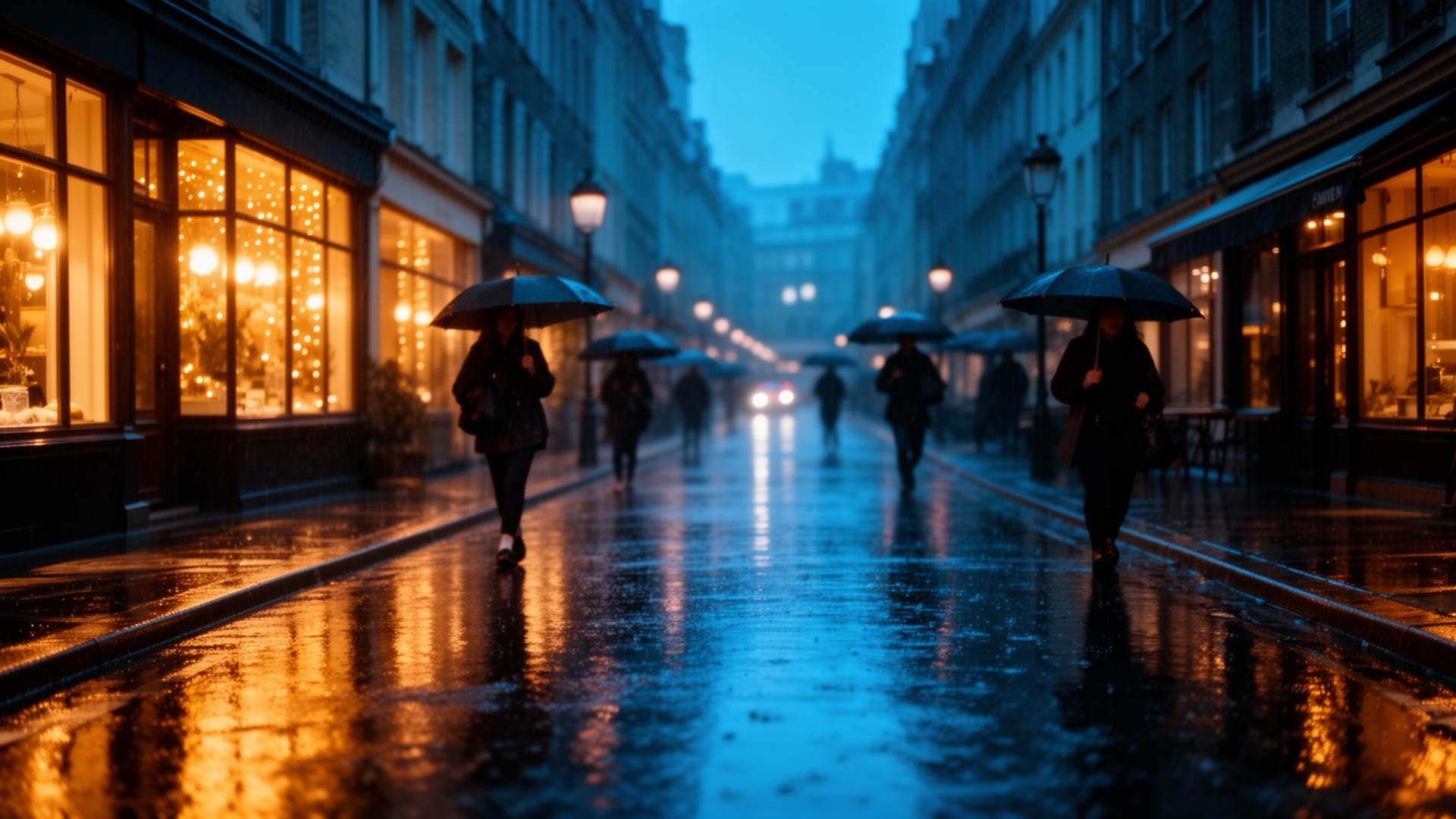 Rainy city street at dusk with glowing shop windows
